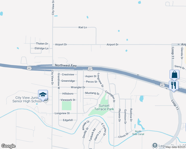 map of restaurants, bars, coffee shops, grocery stores, and more near 4106 Aspen Street in Wichita Falls