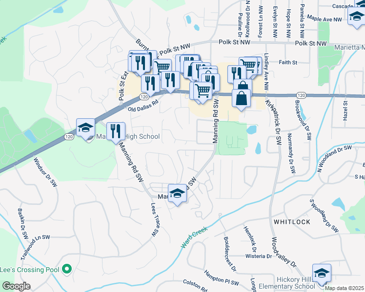 map of restaurants, bars, coffee shops, grocery stores, and more near 104 Westland Court Southwest in Marietta
