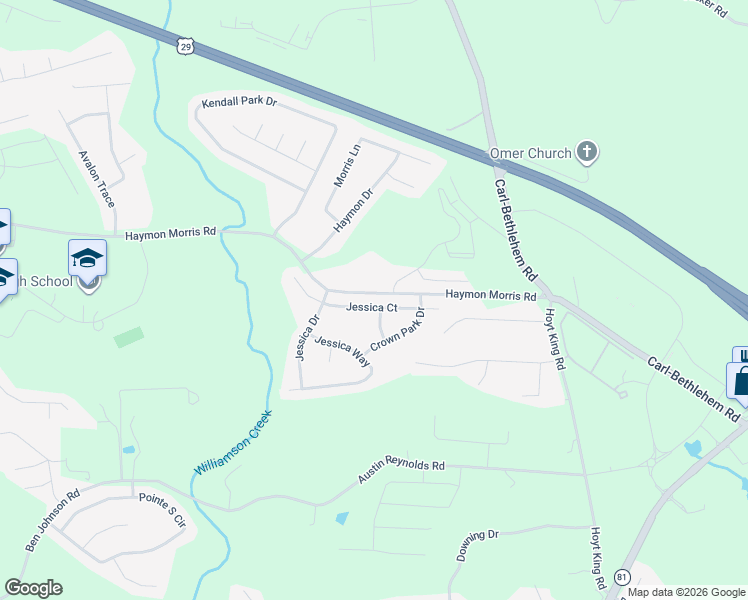 map of restaurants, bars, coffee shops, grocery stores, and more near 1721 Jessica Court in Winder