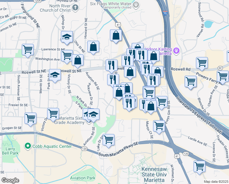 map of restaurants, bars, coffee shops, grocery stores, and more near 152 Dodd Street Southeast in Marietta