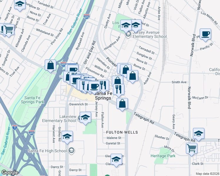 map of restaurants, bars, coffee shops, grocery stores, and more near 9828 Jersey Avenue in Santa Fe Springs