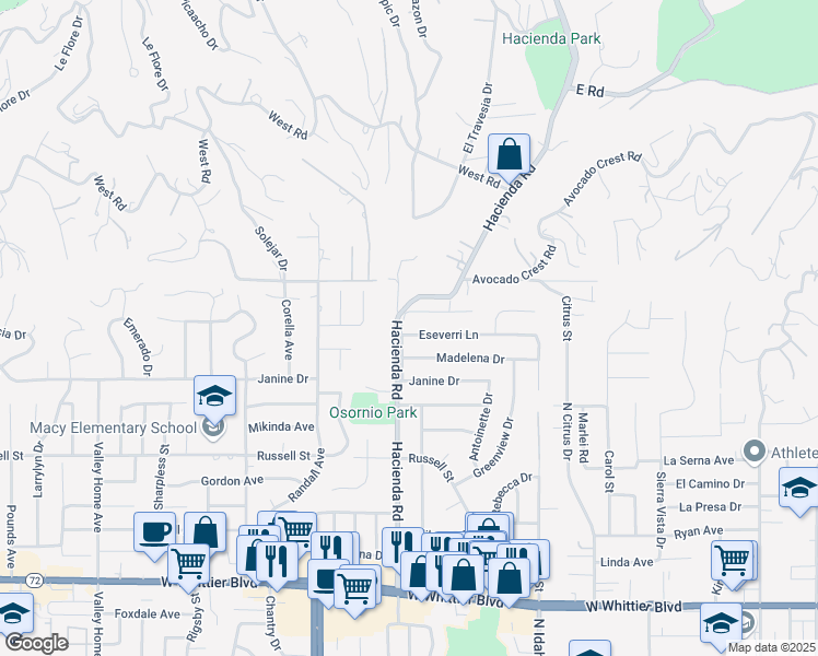 map of restaurants, bars, coffee shops, grocery stores, and more near 105 Eseverri Lane in La Habra Heights
