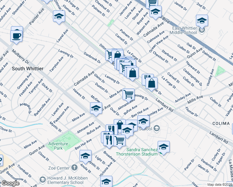 map of restaurants, bars, coffee shops, grocery stores, and more near 9552 Mina Avenue in Whittier