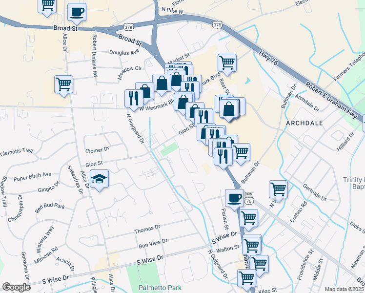 map of restaurants, bars, coffee shops, grocery stores, and more near 804 Jessamine Trail in Sumter