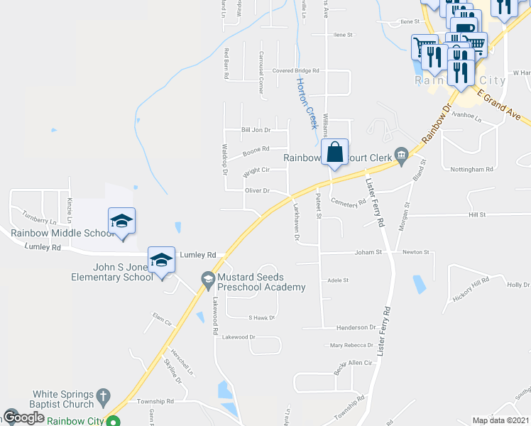 map of restaurants, bars, coffee shops, grocery stores, and more near 3929 Alabama 25 in Rainbow City