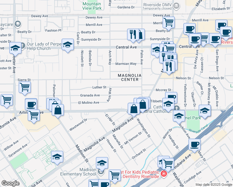 map of restaurants, bars, coffee shops, grocery stores, and more near 4665 Granada Avenue in Riverside