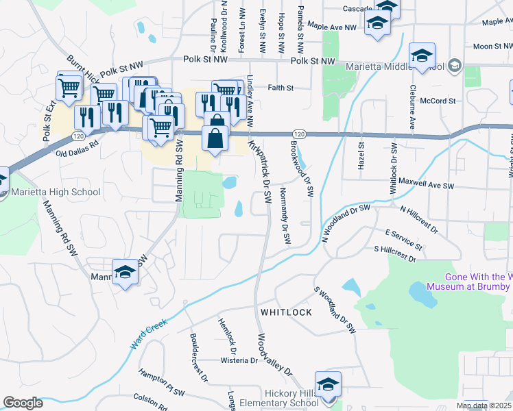 map of restaurants, bars, coffee shops, grocery stores, and more near 585 Westchester Circle Southwest in Marietta