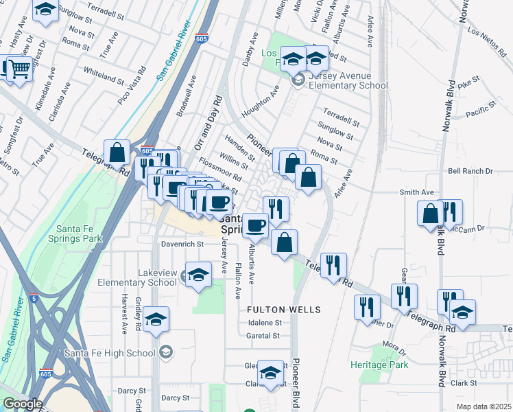 map of restaurants, bars, coffee shops, grocery stores, and more near 9871 Alburtis Avenue in Santa Fe Springs