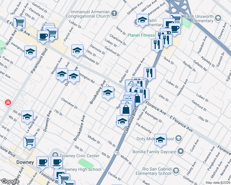 map of restaurants, bars, coffee shops, grocery stores, and more near 8558 11th Street in Downey