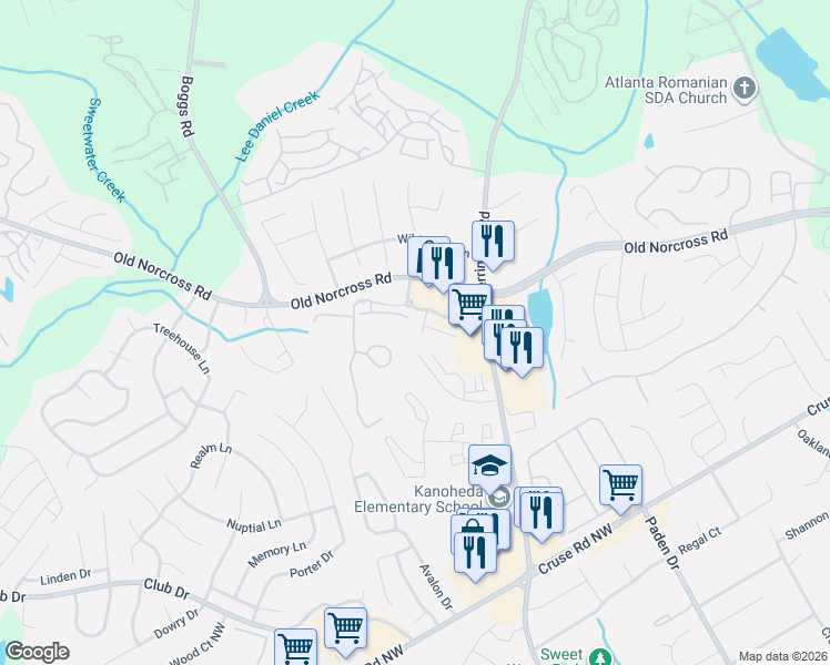 map of restaurants, bars, coffee shops, grocery stores, and more near 1110 Pepper Lane Northwest in Lawrenceville