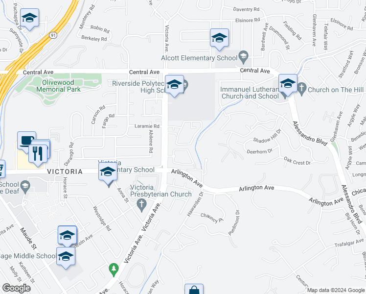map of restaurants, bars, coffee shops, grocery stores, and more near 2655 Victoria Park Drive in Riverside