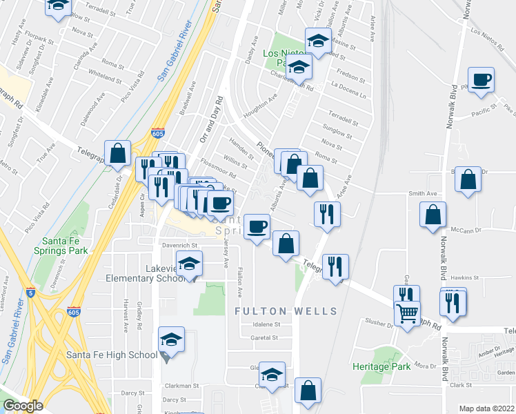 map of restaurants, bars, coffee shops, grocery stores, and more near 9828 Jersey Avenue in Santa Fe Springs