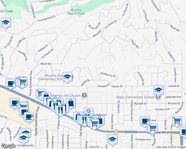 map of restaurants, bars, coffee shops, grocery stores, and more near 9934 Cullman Avenue in Whittier