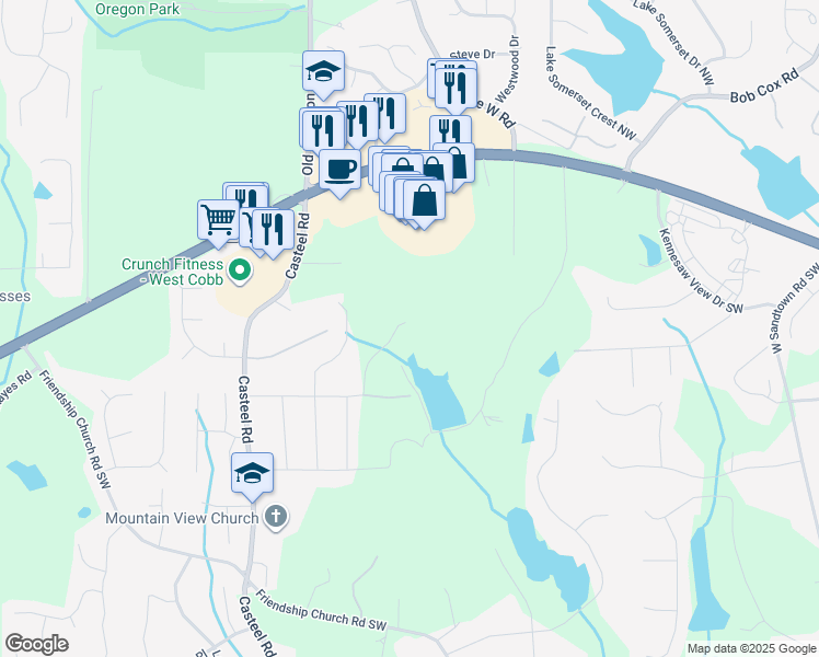 map of restaurants, bars, coffee shops, grocery stores, and more near 3652 Cambridge Drive Southwest in Marietta