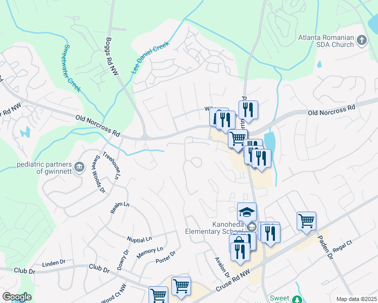 map of restaurants, bars, coffee shops, grocery stores, and more near 100 Veranda Chase Drive in Lawrenceville