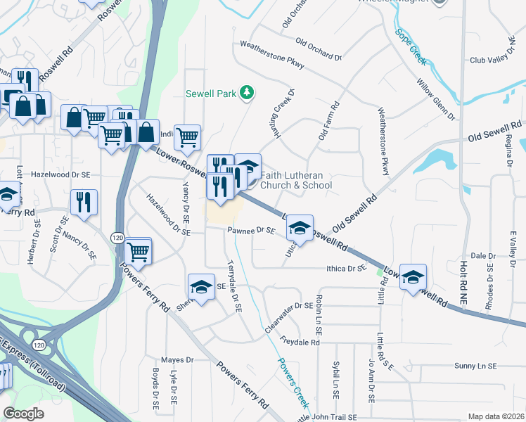 map of restaurants, bars, coffee shops, grocery stores, and more near 2140 Lower Roswell Road in Marietta