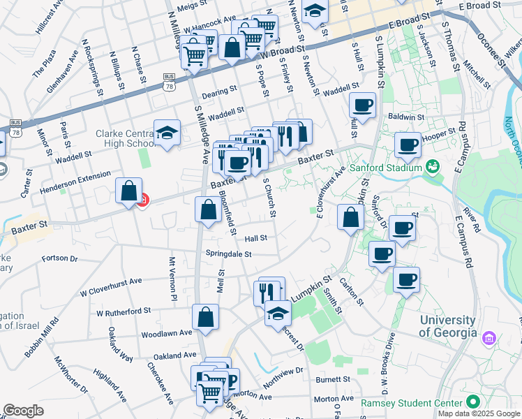 map of restaurants, bars, coffee shops, grocery stores, and more near 174 Talmadge Street in Athens