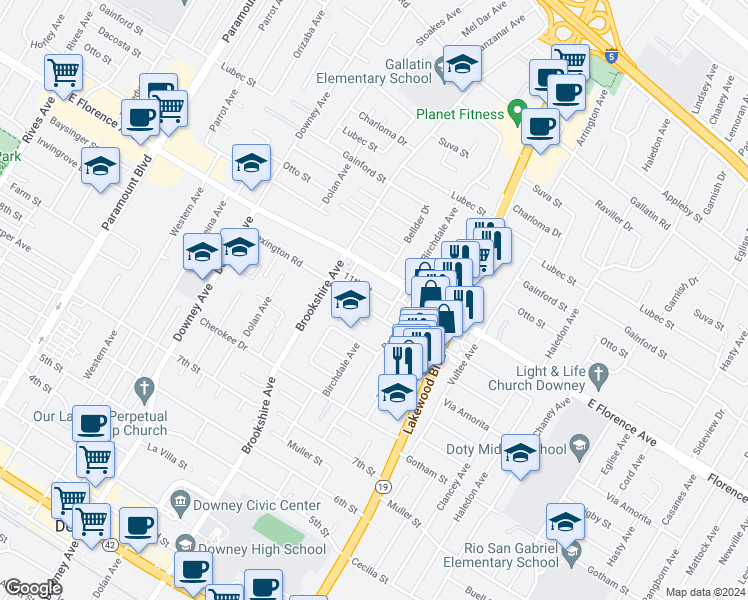map of restaurants, bars, coffee shops, grocery stores, and more near 8558 11th Street in Downey