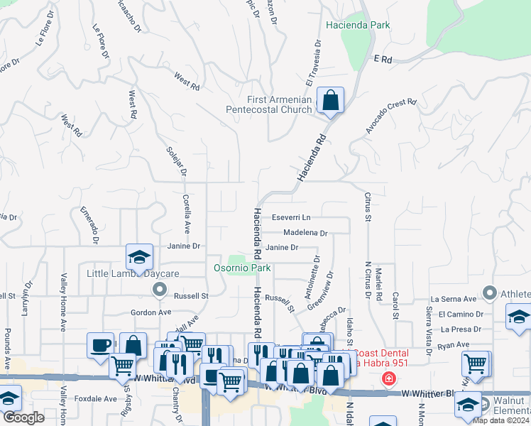 map of restaurants, bars, coffee shops, grocery stores, and more near 105 Eseverri Lane in La Habra Heights
