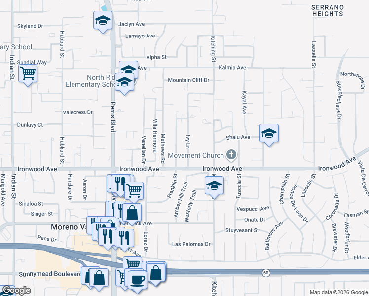 map of restaurants, bars, coffee shops, grocery stores, and more near 11911 Ivy Lane in Moreno Valley