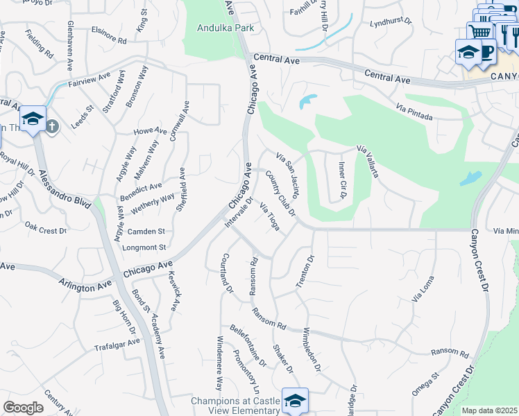 map of restaurants, bars, coffee shops, grocery stores, and more near 1560 Vía Tioga in Riverside
