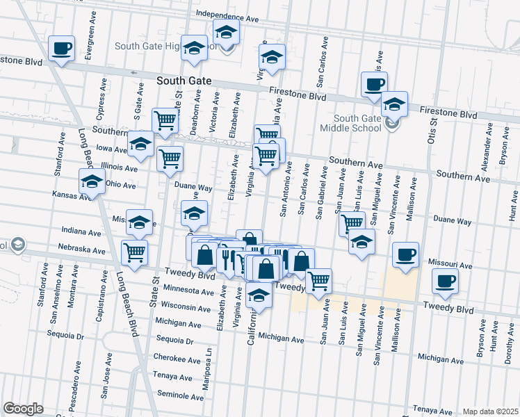 map of restaurants, bars, coffee shops, grocery stores, and more near 9535 California Avenue in South Gate