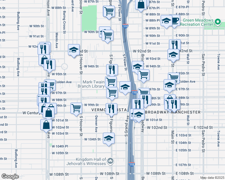 map of restaurants, bars, coffee shops, grocery stores, and more near 9660 South Figueroa Street in Los Angeles