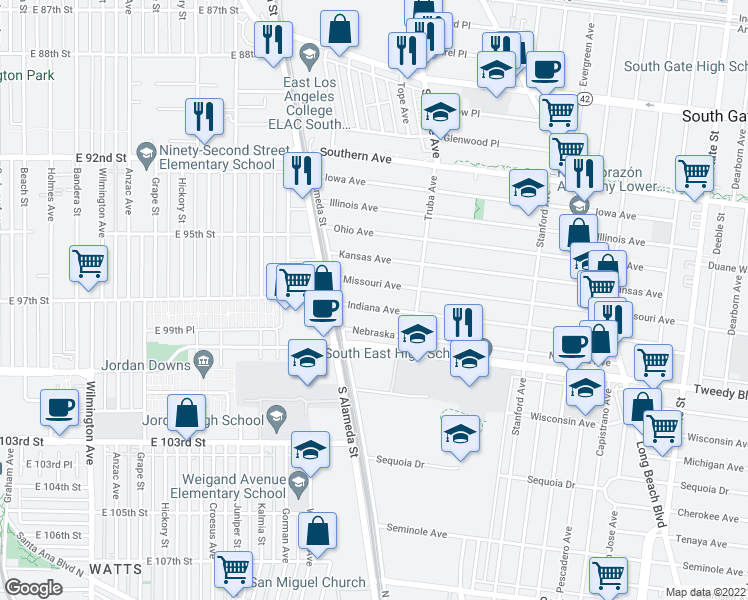 map of restaurants, bars, coffee shops, grocery stores, and more near 2533 Indiana Ave in South Gate