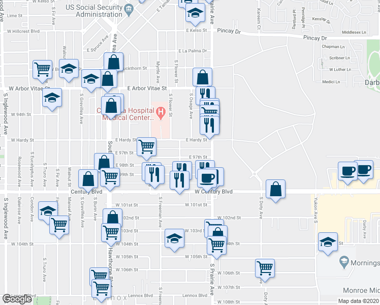 map of restaurants, bars, coffee shops, grocery stores, and more near 617 East 97th Street in Inglewood