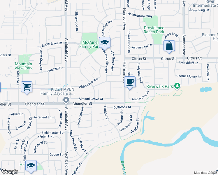 map of restaurants, bars, coffee shops, grocery stores, and more near 7691 Nut Grove Court in Corona