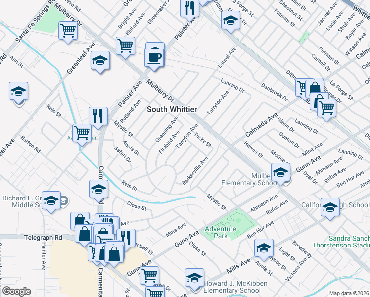 map of restaurants, bars, coffee shops, grocery stores, and more near 9519 Maryknoll Avenue in Whittier