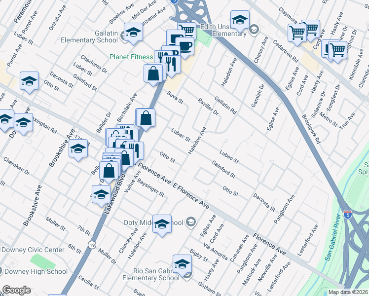 map of restaurants, bars, coffee shops, grocery stores, and more near 9125 Gainford Street in Downey