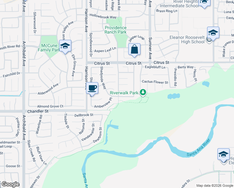 map of restaurants, bars, coffee shops, grocery stores, and more near 7792 Shadyside Way in Corona