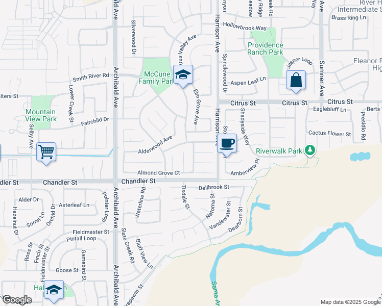 map of restaurants, bars, coffee shops, grocery stores, and more near 7691 Nut Grove Court in Corona