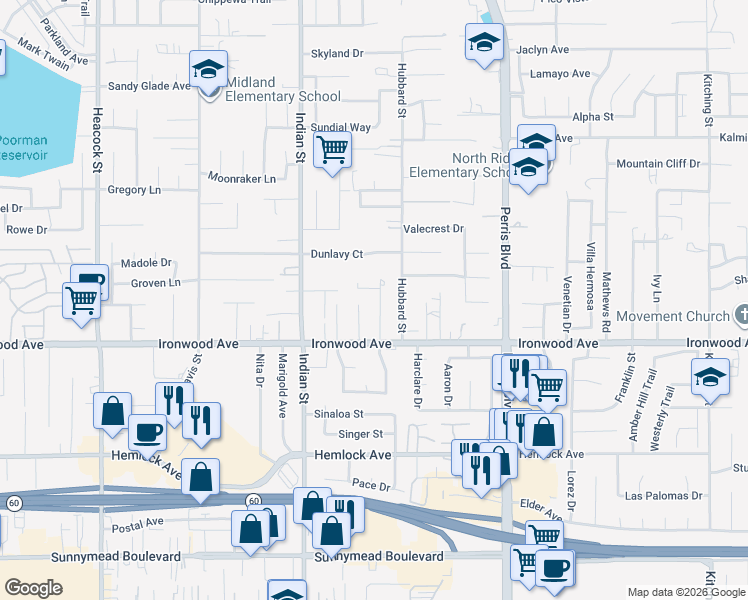 map of restaurants, bars, coffee shops, grocery stores, and more near 11910 Welby Place in Moreno Valley