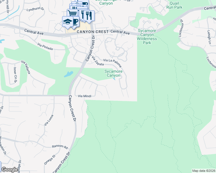 map of restaurants, bars, coffee shops, grocery stores, and more near 5705 Vía Cervantes in Riverside