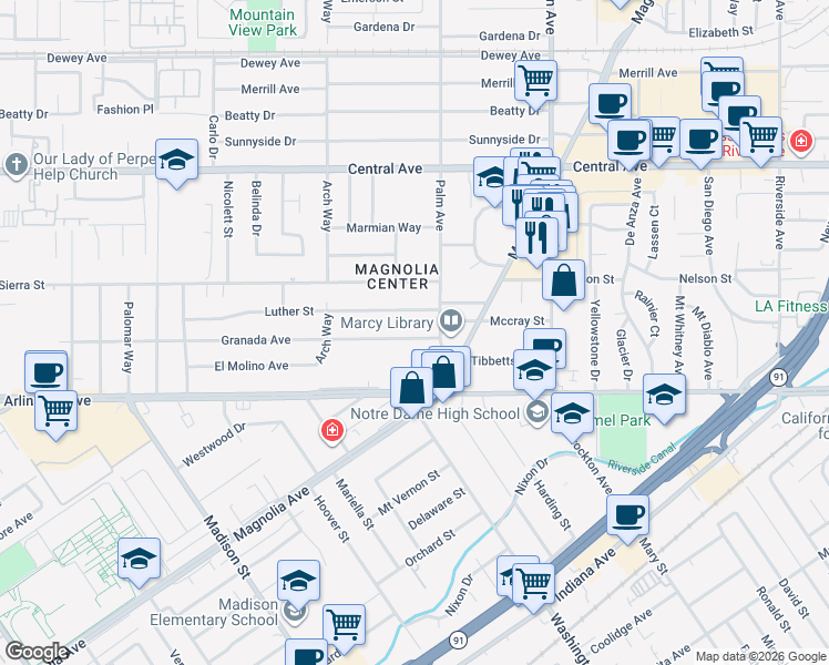 map of restaurants, bars, coffee shops, grocery stores, and more near 4538 Granada Avenue in Riverside