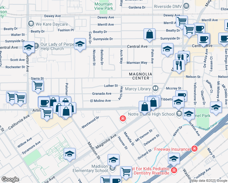 map of restaurants, bars, coffee shops, grocery stores, and more near 4745 Granada Avenue in Riverside