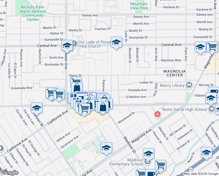 map of restaurants, bars, coffee shops, grocery stores, and more near 5021 Granada Avenue in Riverside