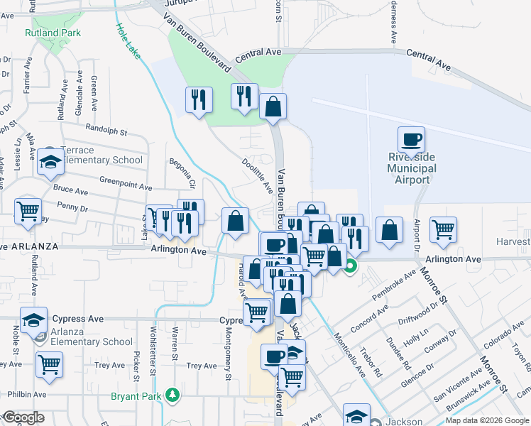 map of restaurants, bars, coffee shops, grocery stores, and more near 6445 Van Buren Boulevard in Riverside