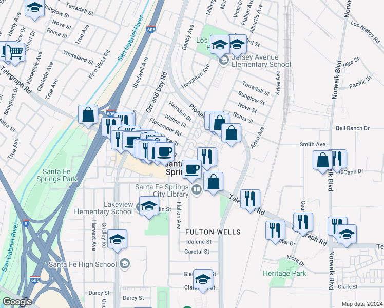 map of restaurants, bars, coffee shops, grocery stores, and more near 9828 Jersey Avenue in Santa Fe Springs