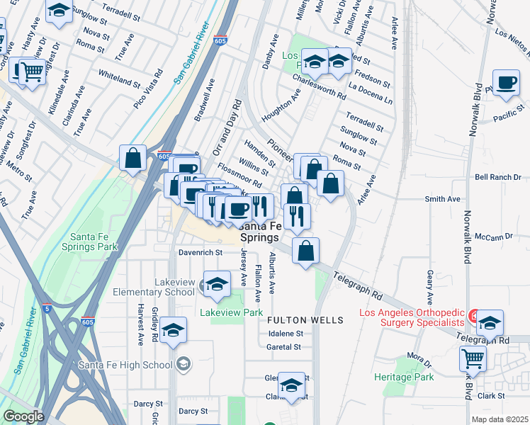 map of restaurants, bars, coffee shops, grocery stores, and more near 9828 Jersey Avenue in Santa Fe Springs