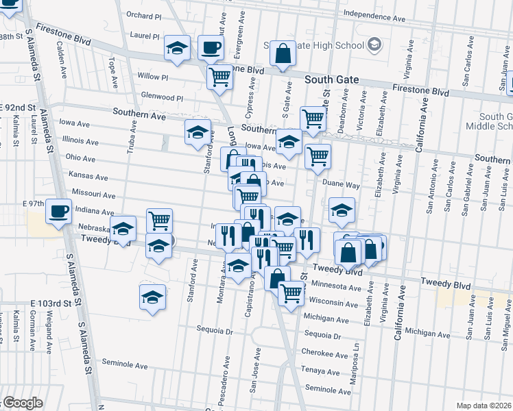 map of restaurants, bars, coffee shops, grocery stores, and more near 9636 Long Beach Boulevard in South Gate