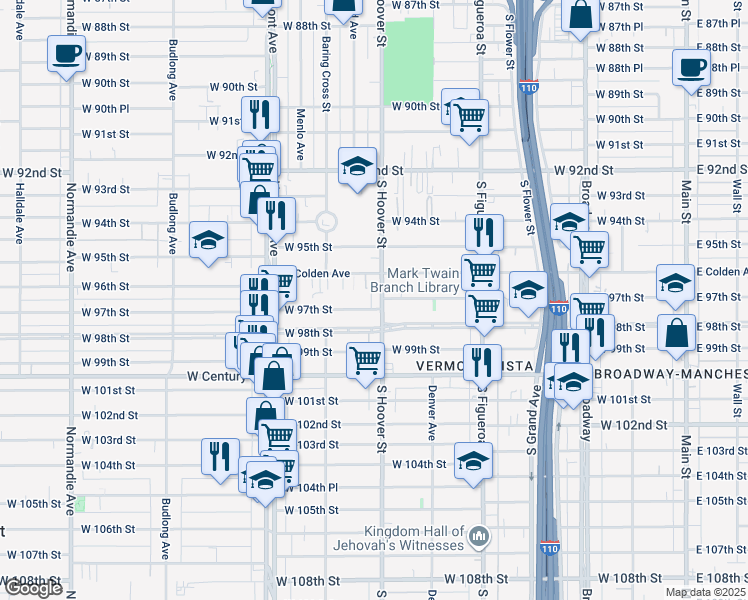 map of restaurants, bars, coffee shops, grocery stores, and more near 701 West 97th Street in Los Angeles