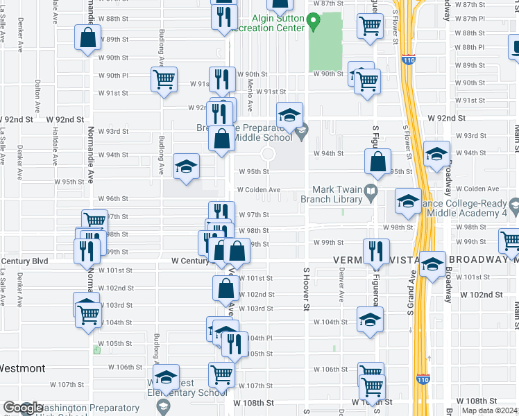 map of restaurants, bars, coffee shops, grocery stores, and more near 815 West 97th Street in Los Angeles