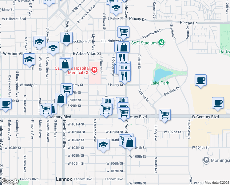 map of restaurants, bars, coffee shops, grocery stores, and more near 625 East 97th Street in Inglewood
