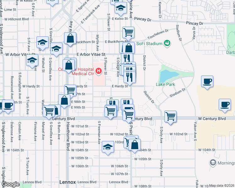 map of restaurants, bars, coffee shops, grocery stores, and more near 625 East 97th Street in Inglewood