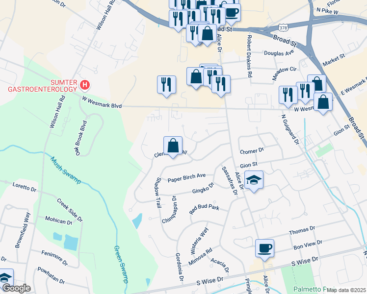map of restaurants, bars, coffee shops, grocery stores, and more near 2305 Clematis Trail in Sumter