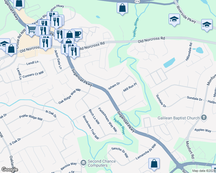 map of restaurants, bars, coffee shops, grocery stores, and more near 1627 Isham Drive in Lawrenceville