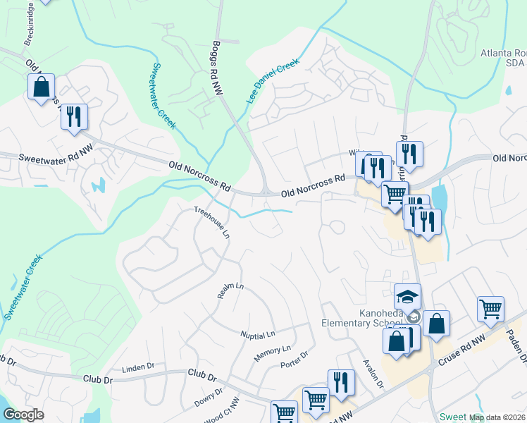 map of restaurants, bars, coffee shops, grocery stores, and more near 1282 Britain Drive Northwest in Lawrenceville